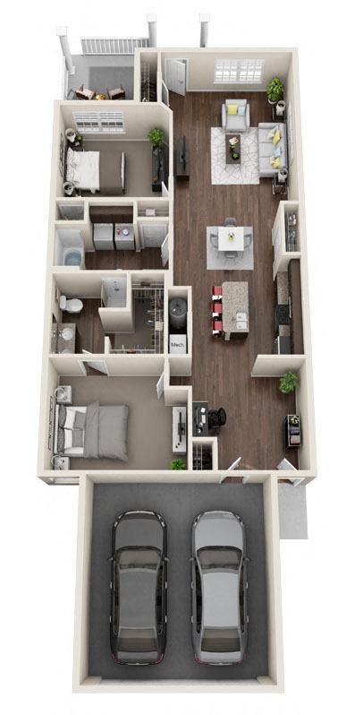 Floor plan for 2 beds, 2 baths, 1343 sqft